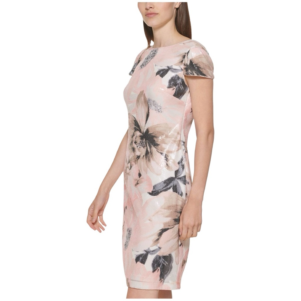 Calvin Klein Pink Sequin Floral Low Cowl Back Bodycon Dress Size 2 - Picture 3 of 9